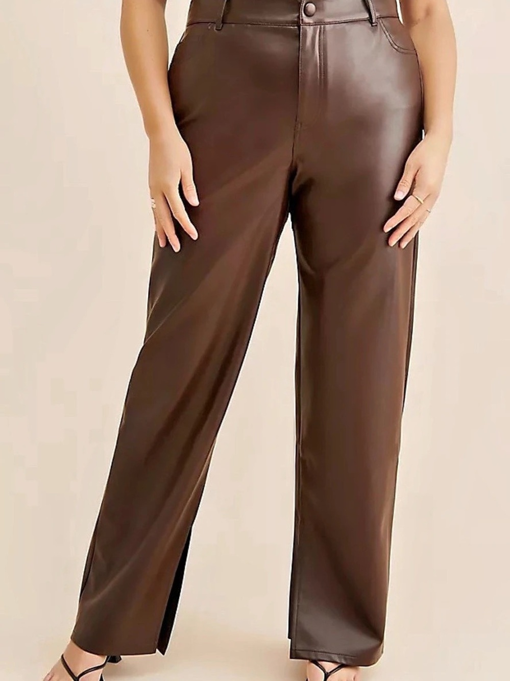 Eloquii Split-Front Faux Leather Pants Wide Leg Pants Brown
